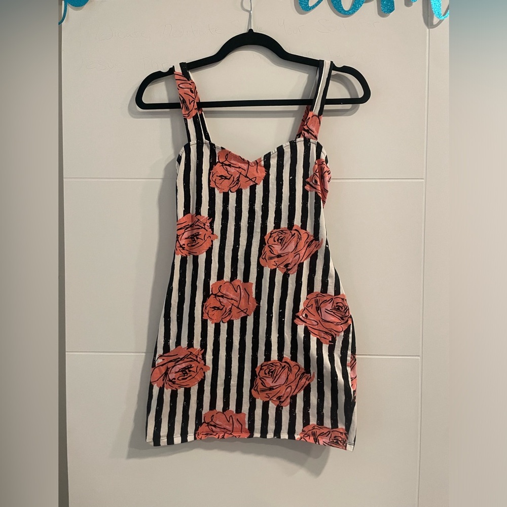 Motel Rocks Mini black and white striped mini dress with floral detail